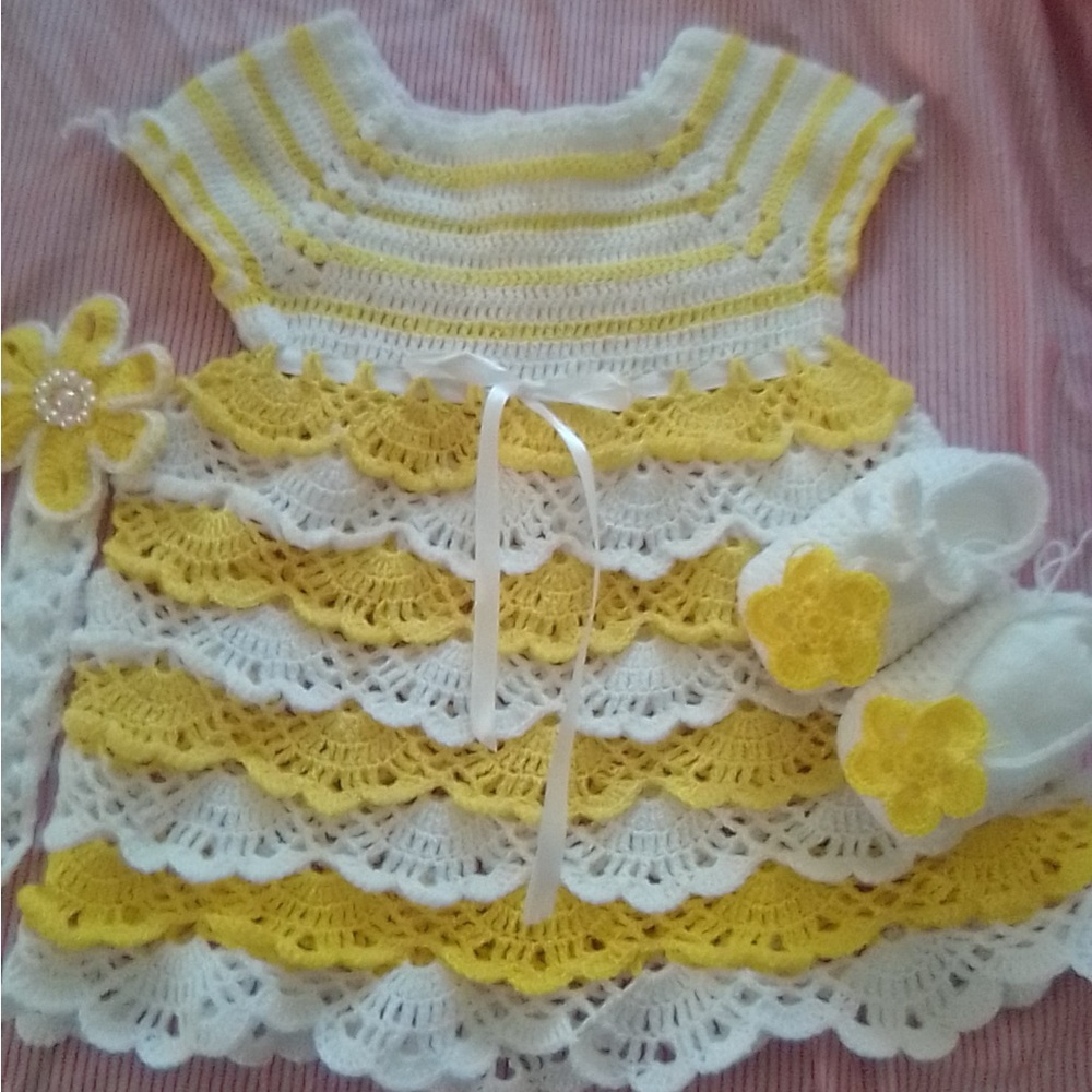 Yellow and White Crochet Kids Dress Set